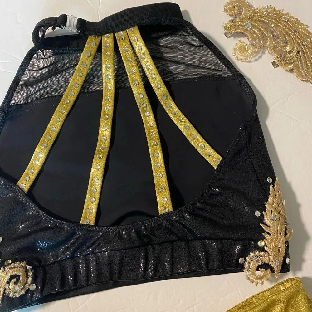 Custom glamorous mature solo dance costume 2 piece leather fringe black MC LC